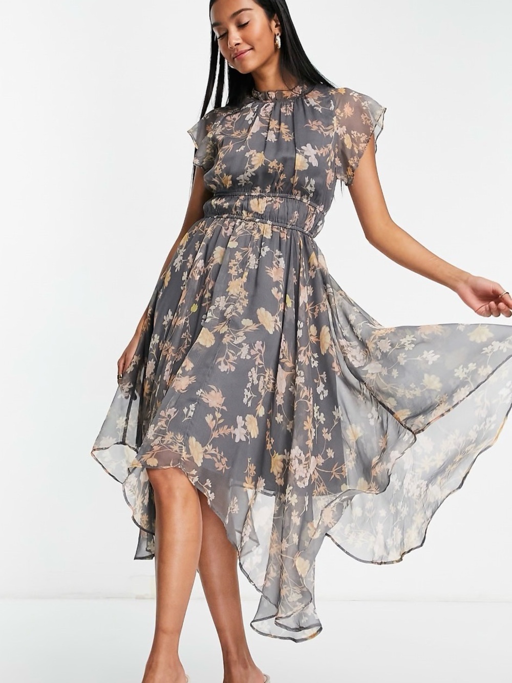 French Connection Diana Crinkle Floral Dress Asymmetrical Hem Romance size 10